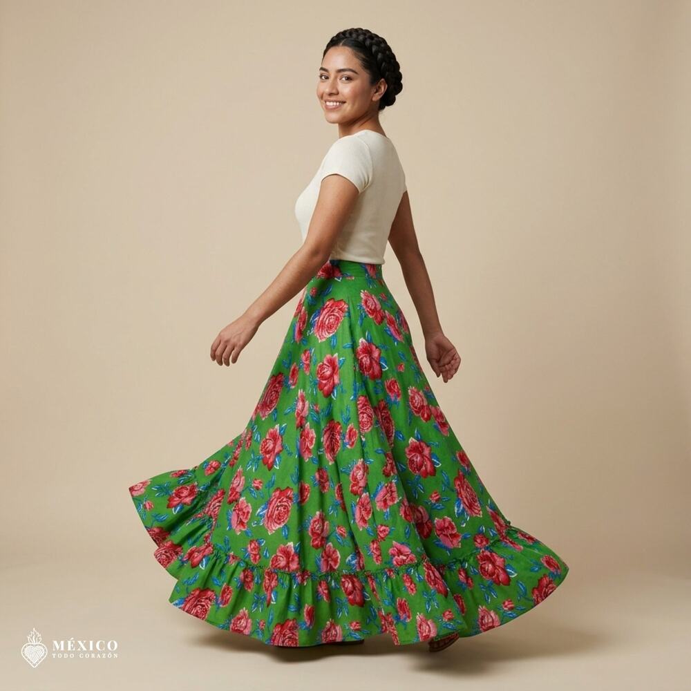 Mexican Floral Skirt – Traditional Folkloric Adjustable Waist Skirt 39" (100 cm)